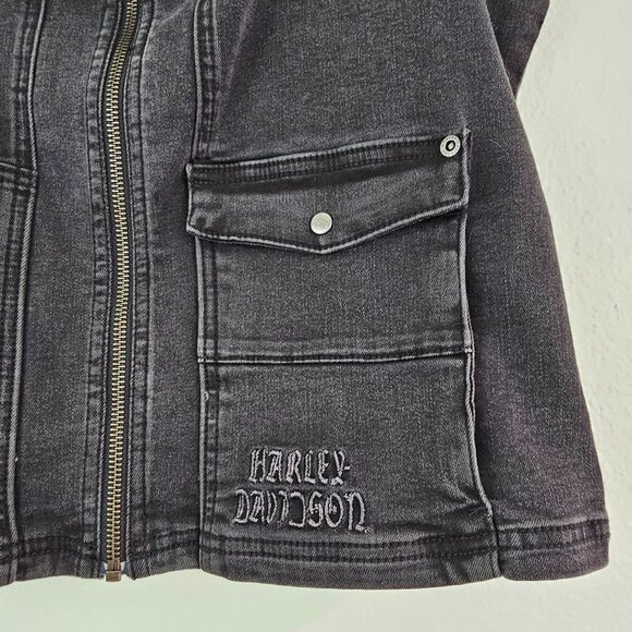 Harley Davidson Womens Sz M Winged Rhinestones Logo Zip-Front Denim Vest Black - Picture 4 of 14